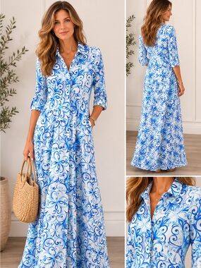 Satoria Saracena Small Blue & White Swirl Linen Maxi Dress